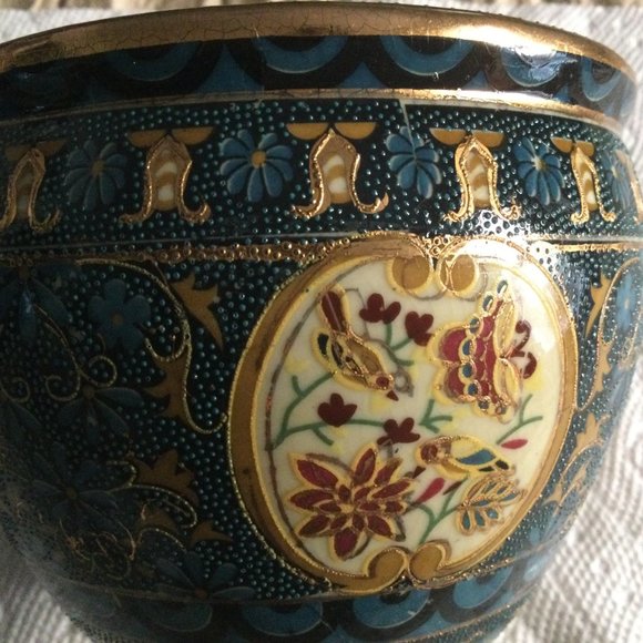Beautiful Hand painted small planter vase bowl blue 3.75" x 4.75" - Picture 3 of 9